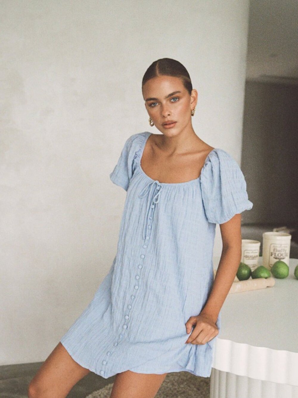 Sabo Skirt Light Blue Mini Dress with Puff Sleeves